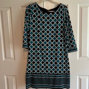 WHBM dress. Black, grey, cream and teal. Very comfortable!